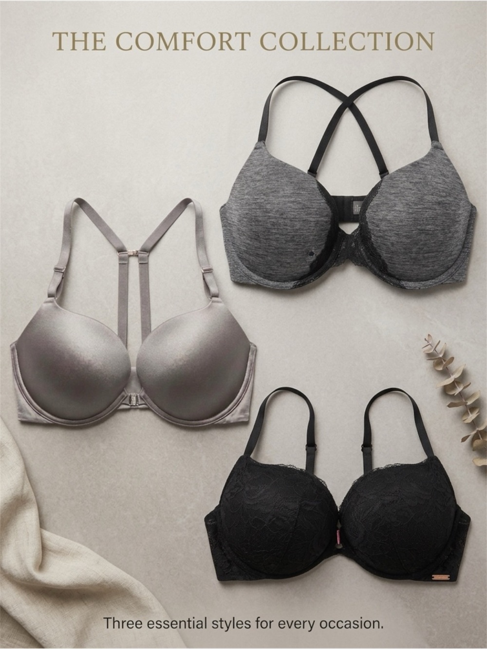 Lot of 3 La Senza Convertible Racerback Bras Size 34DD Black Gray Underwire